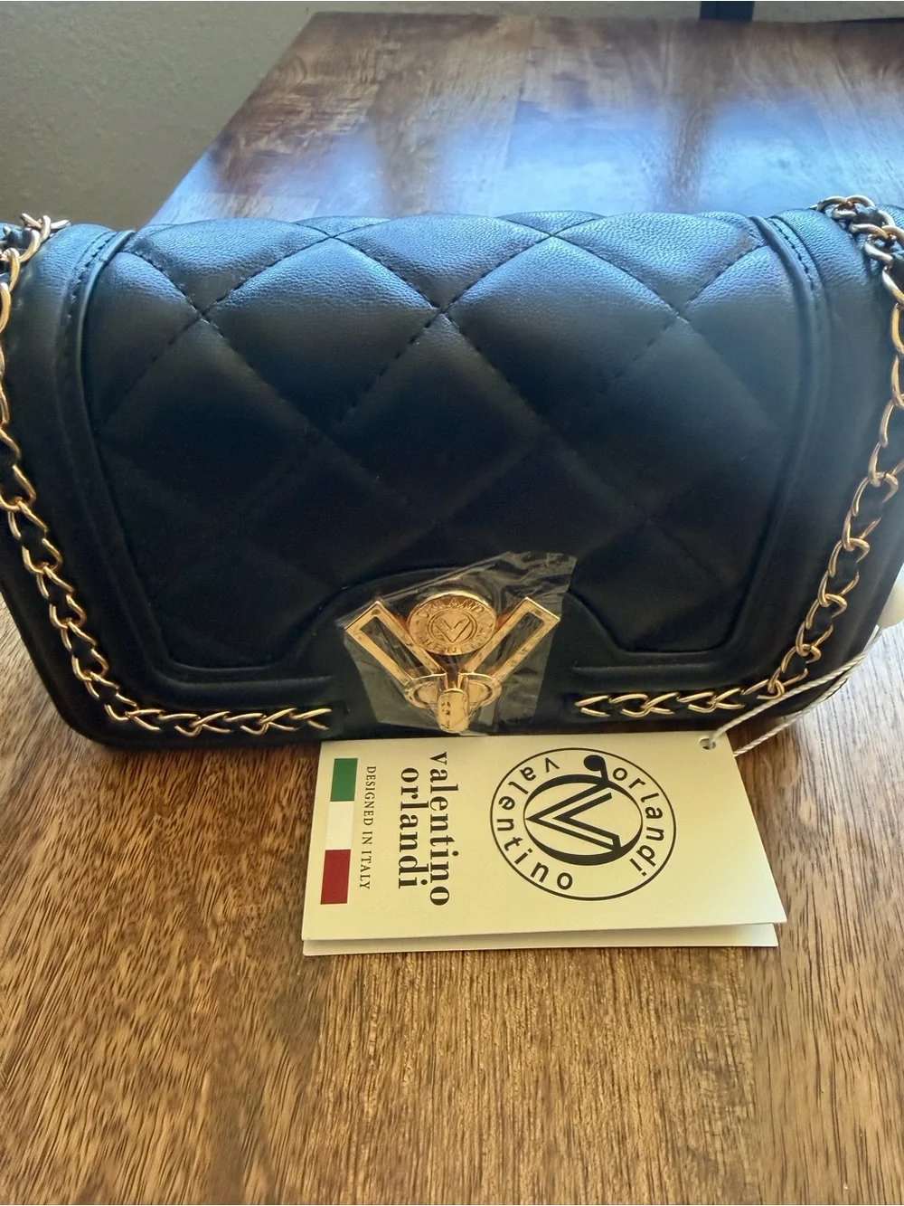 Valentino Orlandi Black Quilted Faux-Leather Crossbody with Gold Chain & V-Lock